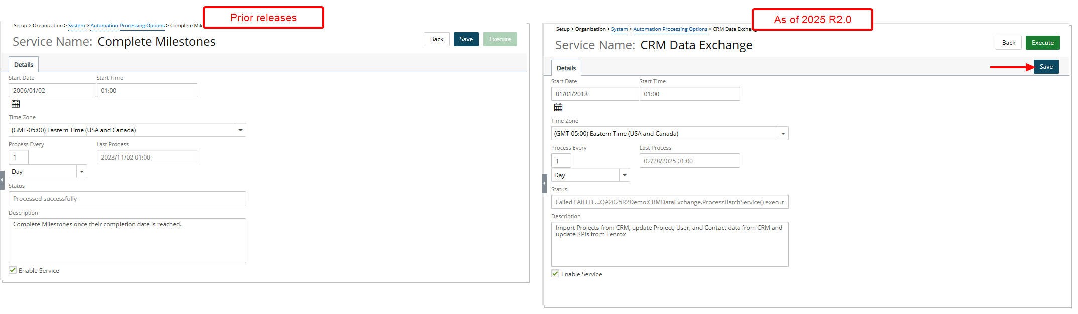 Automation Processing Options Edit Page