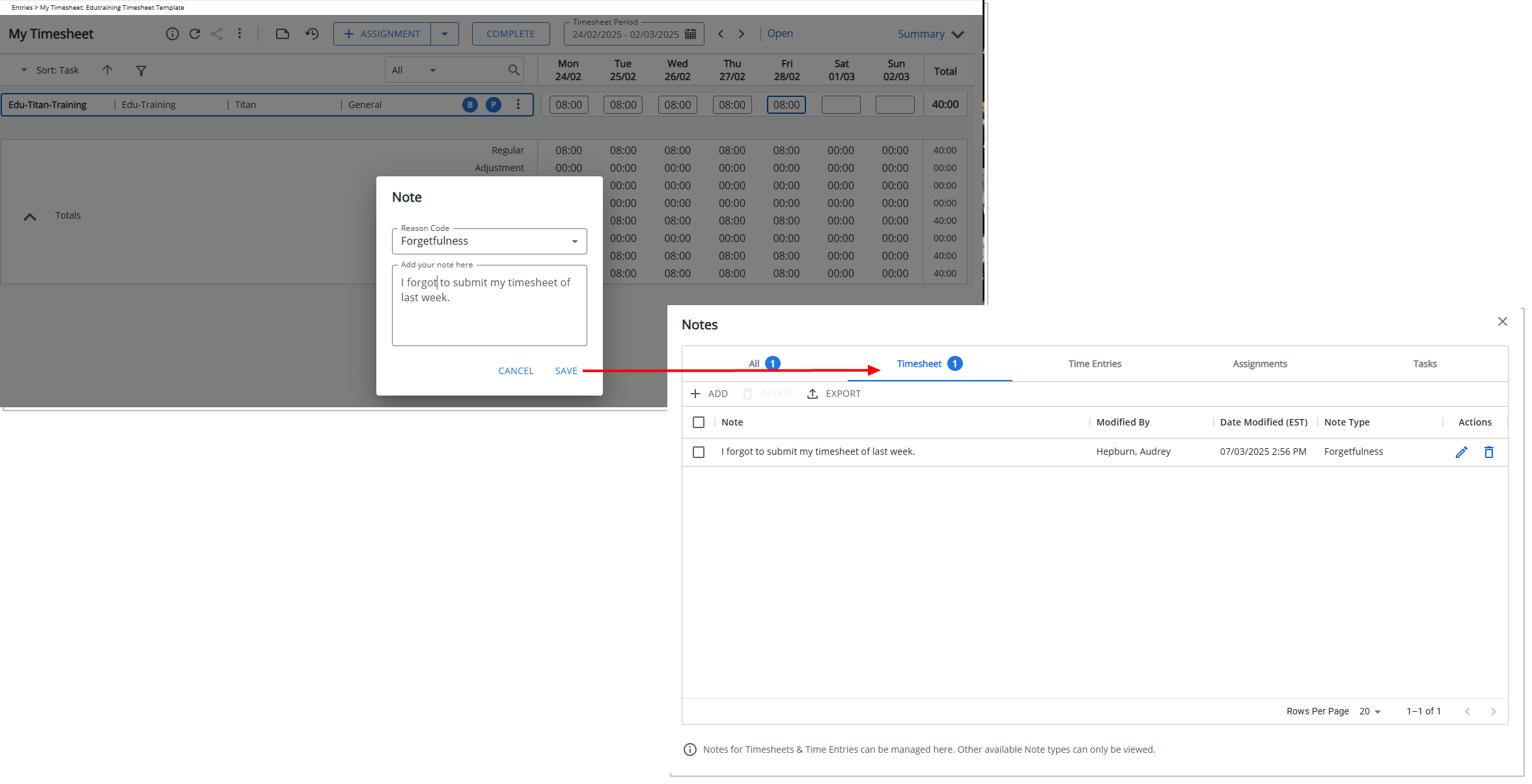 Upon submitting a Timesheet after the due date, the system will now display a prompt requiring the User to select a reason from a predefined list