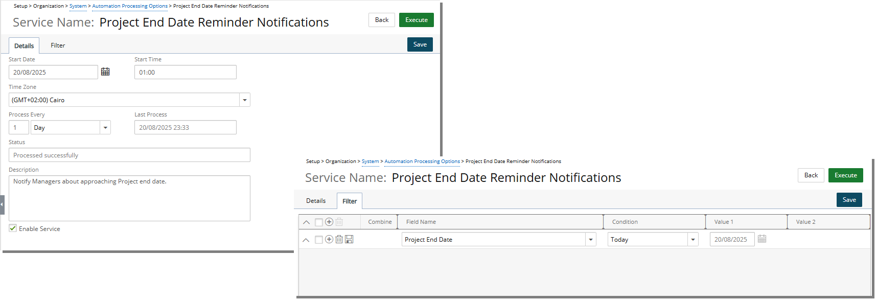 New Project End Date Reminder Notification Automation Processing Service
