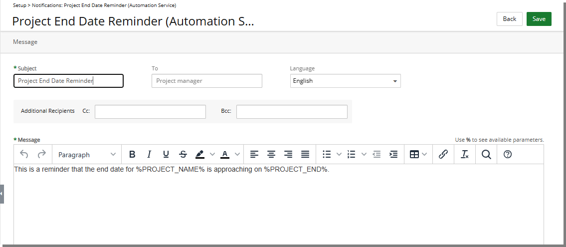 New Project End Date Reminder System Notification