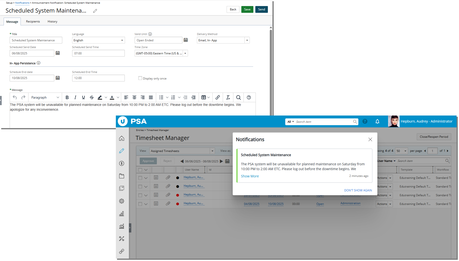 In-App Announcement Notifications with Flexible Delivery Options