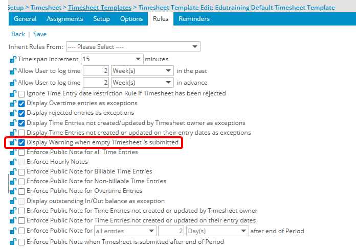 Display Warning when empty Timesheet is submitted