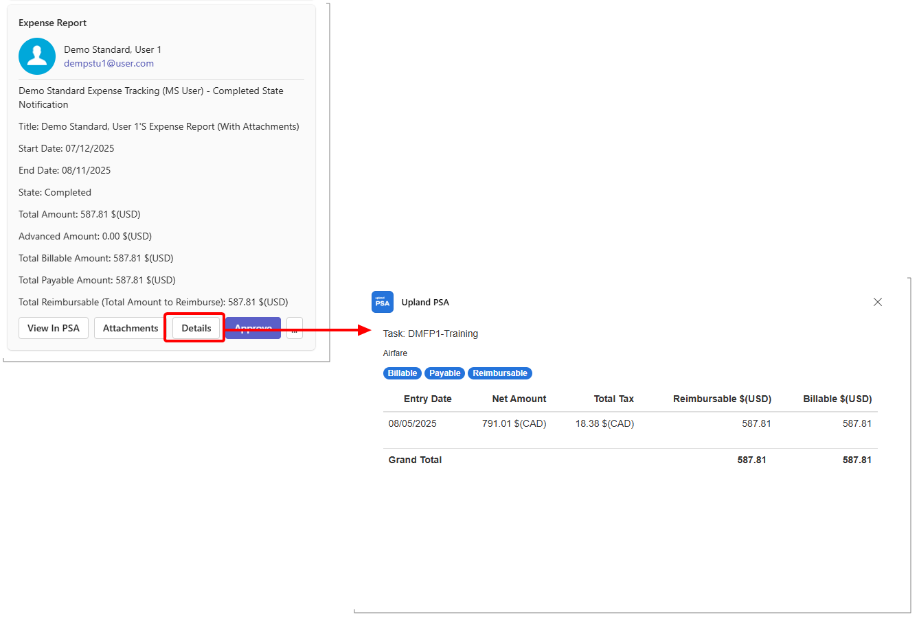 View a summary of the Expense Report, including key information such as, Task Name, Expense Item Name, Expense attributes, date range, and amounts.