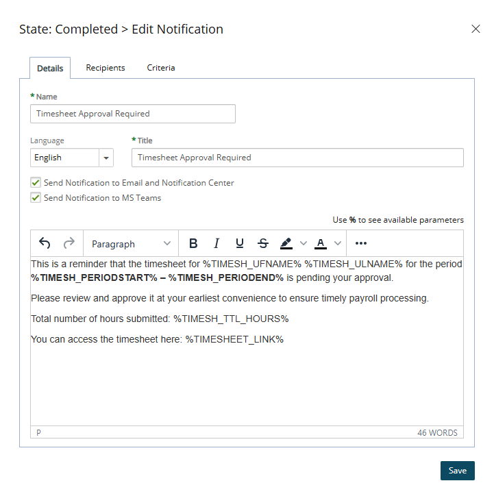 New Parameter for Timesheet Workflow Notifications