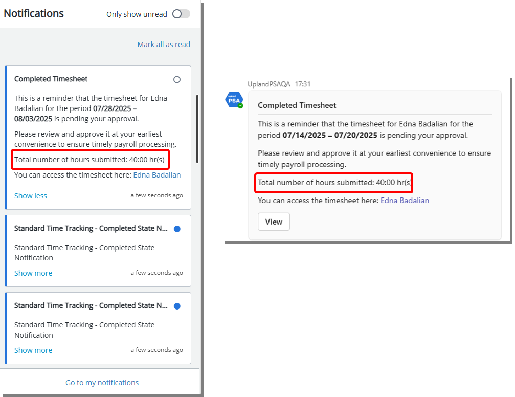 Displays the total number of hours submitted for the selected period, regardless of the approver’s visibility into individual entries.