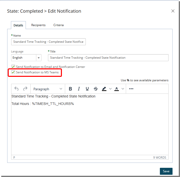 Expansion of Microsoft Teams Timesheet Workflow Notification Support