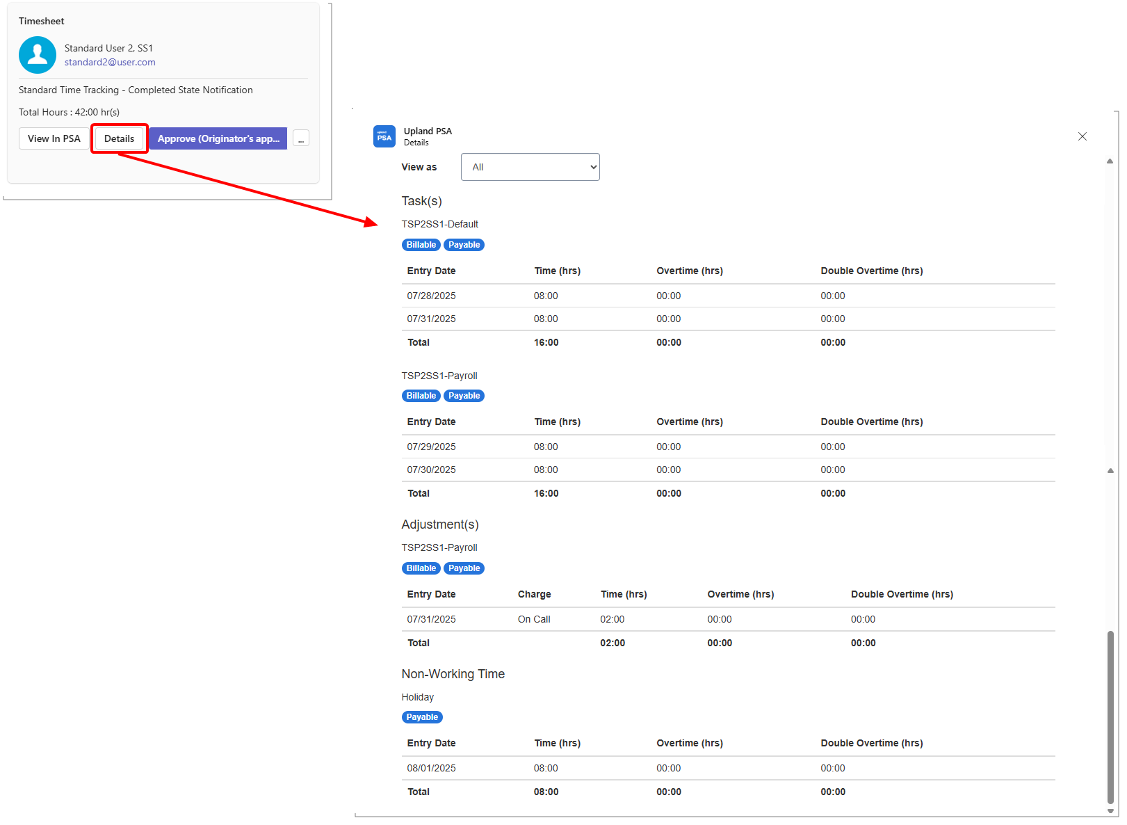 Task names, relevant Attributes, Entry dates, recorded Time, Overtime, Double overtime, Non-working time, and any applicable Adjustments are displayed.