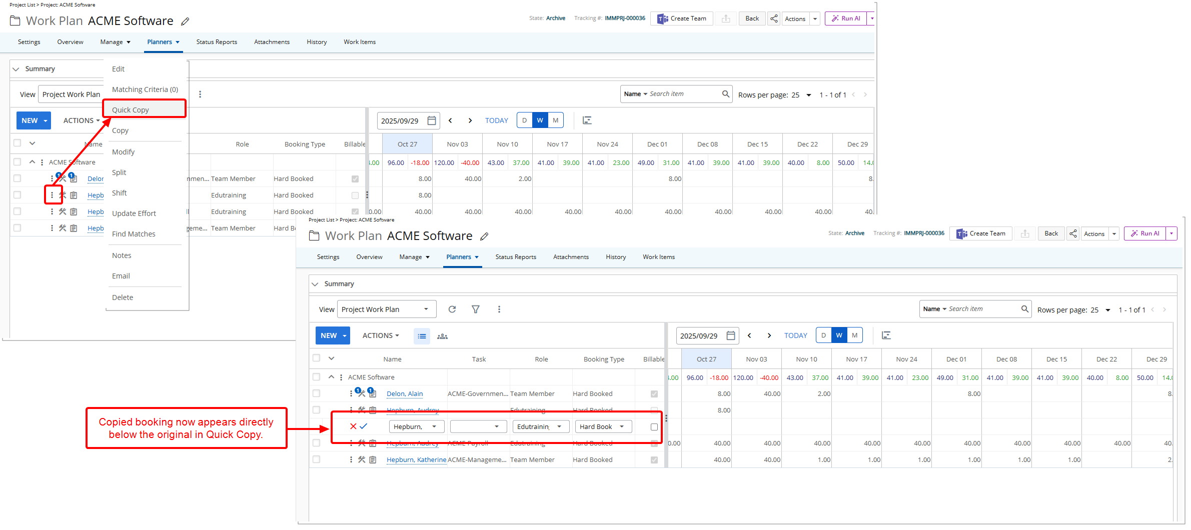 Quick Copy Places New Booking Below Original