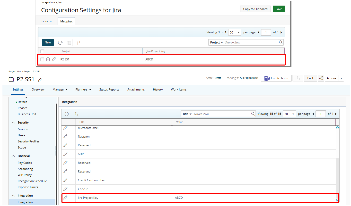 The mapping can be viewed both in the integration settings and at the individual project level by navigating to Project List > Project Edit > Settings > Integrations.