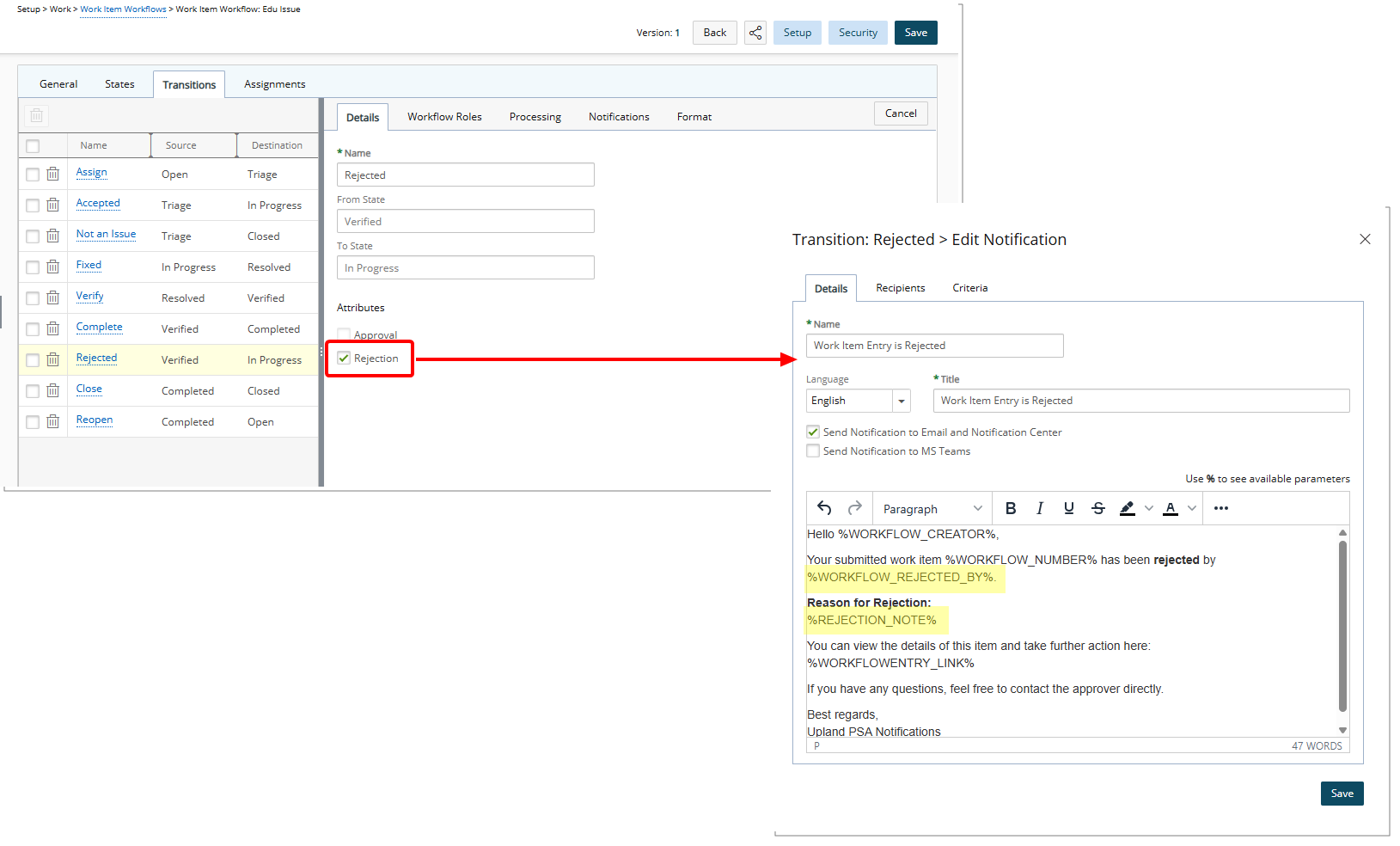 Work Item Rejection Note – Capture Rejection Reason at the Time of Action