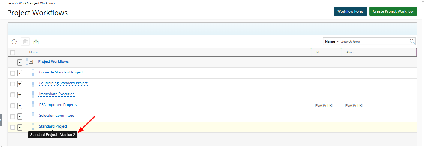 The tooltip displaying the workflow name and version