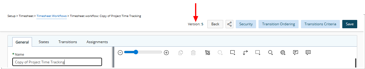 On the Workflow Edit page, the version number appears as read-only text near the Back button