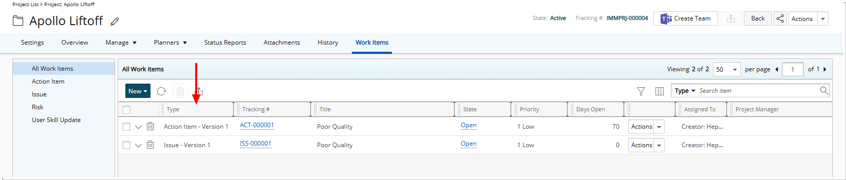 The Type column displaying the workflow name and version
