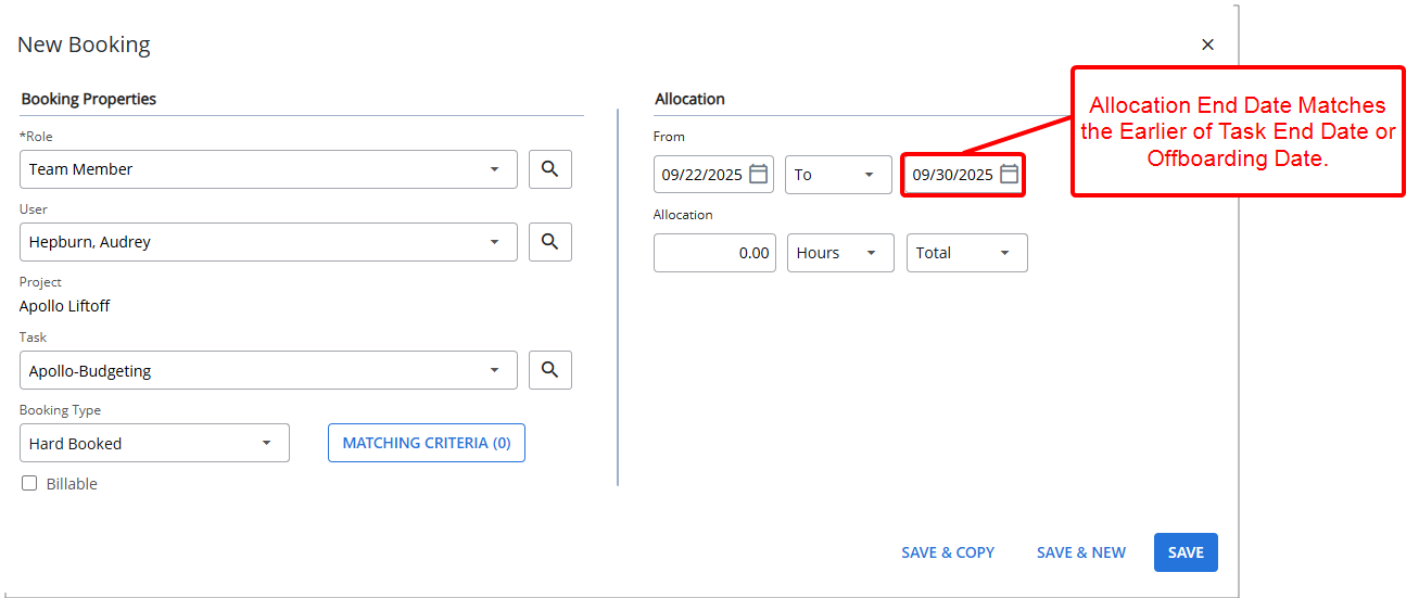 Allocation End Date Matches the Earlier of Task End Date or Offboarding Date