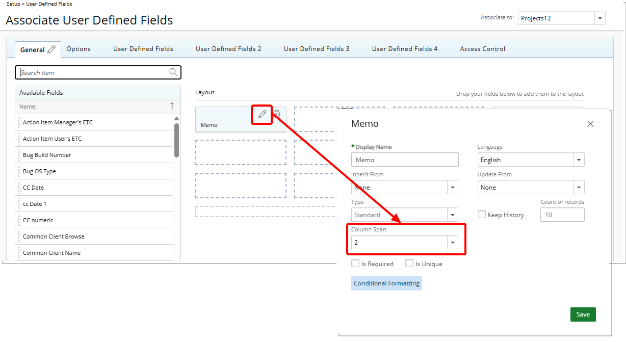 Column Spanning for Memo User Defined Fields Associated with Projects and Work Item Workflows