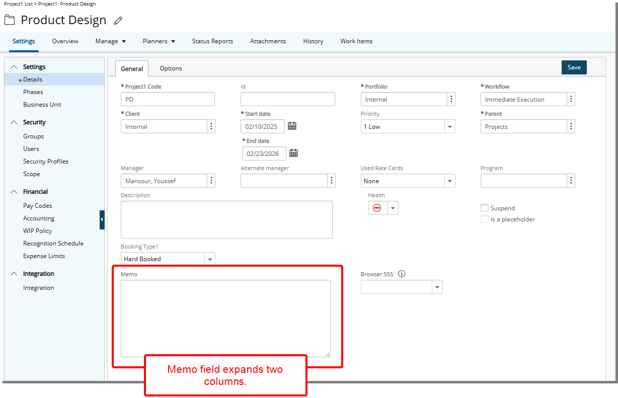 Configure Memo User-Defined Fields to span across multiple columns.