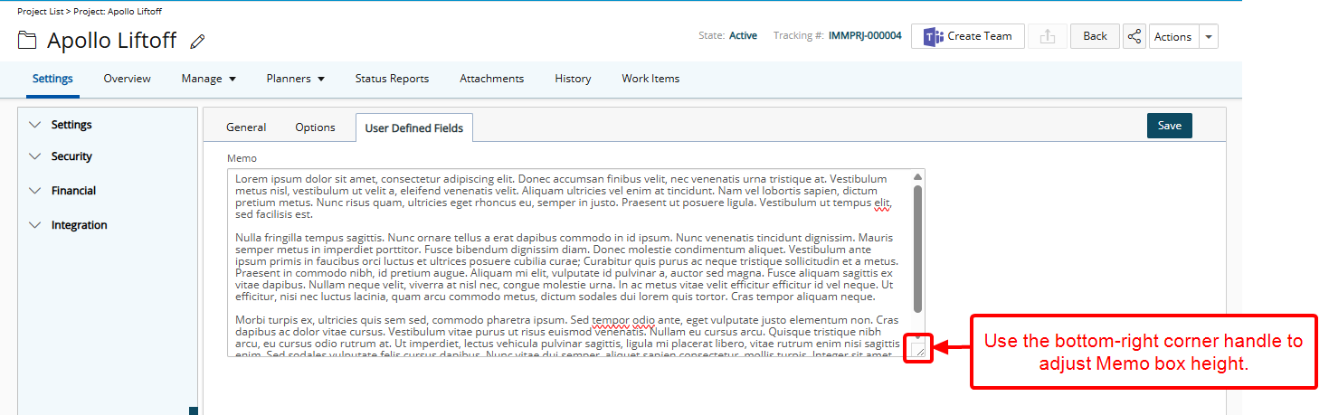 Use the bottom-right corner handle to adjust Memo box height.