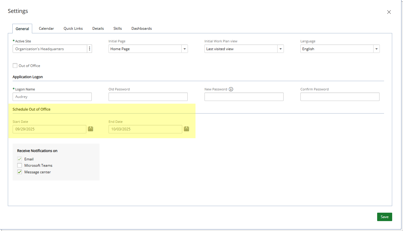 Schedule Out of Office Status