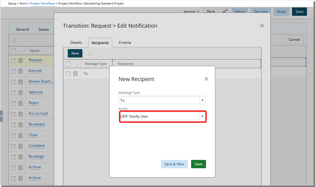 When configuring a Project Workflow and defining Recipients for State or Transition Notifications, any associated Browse for User UDFs with the Can receive Workflow Notifications setting enabled will appear in the Notify list. 