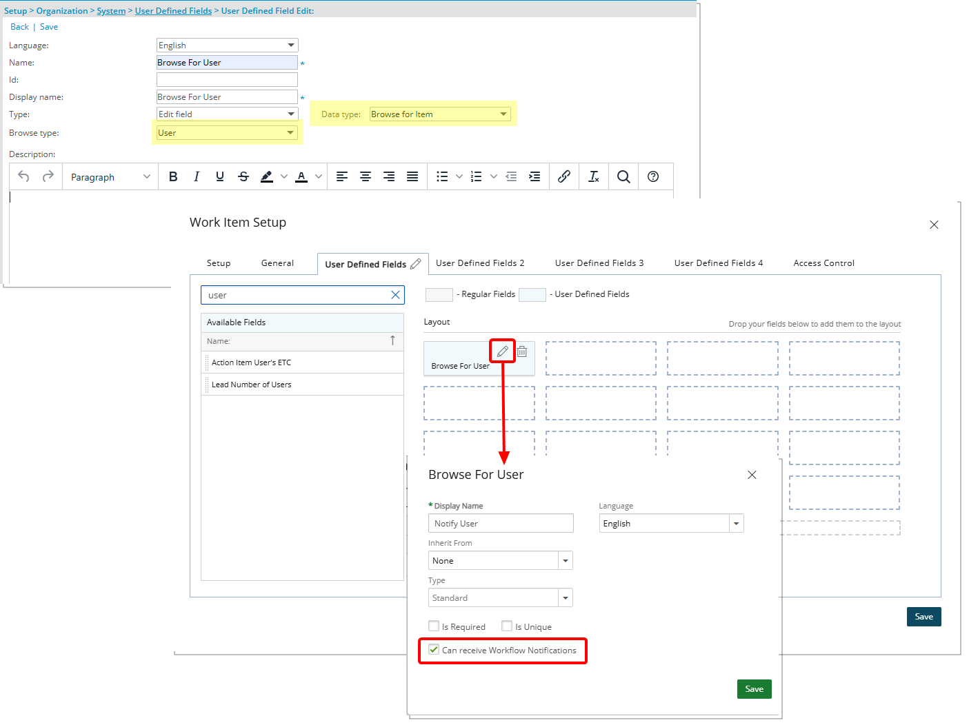 A new checkbox labeled Can receive Workflow Notifications is now available when associating or editing a Browse for User Data type User Defined Field, association to a Work Item Workflow