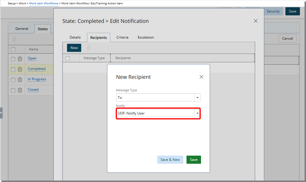 When configuring a Work Item Workflow and defining Recipients for State or Transition Notifications, any associated Browse for User UDFs with the Can receive Workflow Notifications setting enabled will appear in the Notify list. 