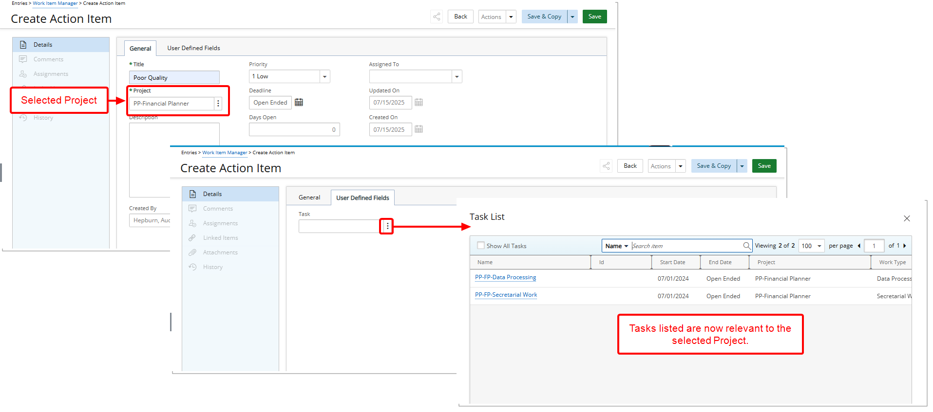 When this option is selected, the list of tasks that appears when browsing is filtered to include only those tasks that are associated with the currently selected project. This means you will no longer see tasks from other unrelated projects.