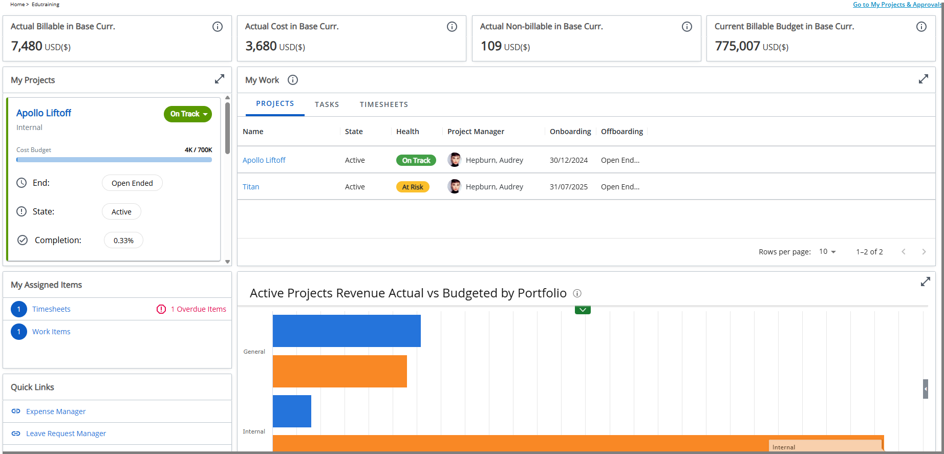 Once published, users will see the tailored, role-specific dashboard each time they open their Homepage . The dashboard presents all Widgets as interactive Tiles, giving them a consistent view of the information that matters most.