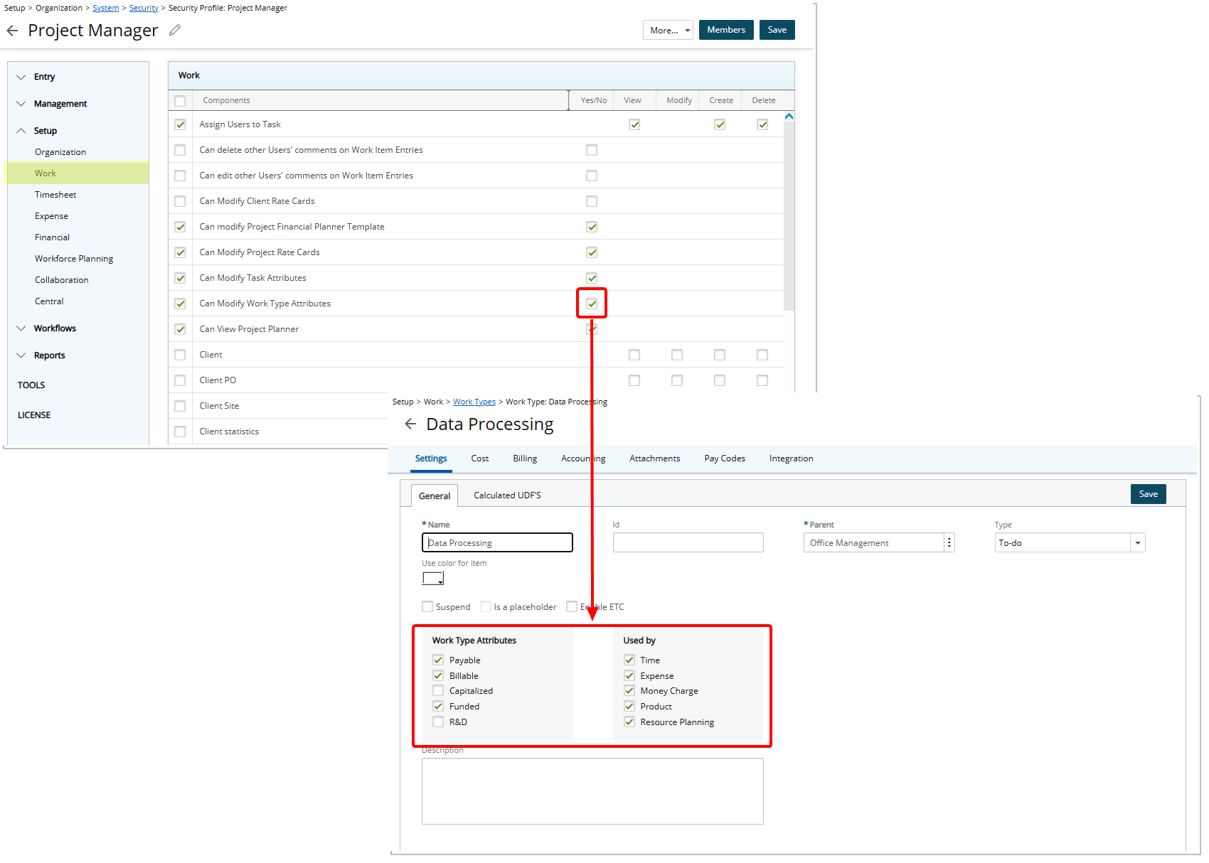 When the permission is checked, Users assigned to that Security Profile have full access to edit both the Work Type Attributes and Used By sections. 