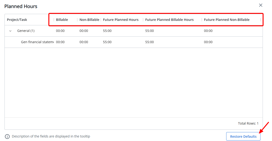 Restore Default Columns in the Planned Hours Dialog