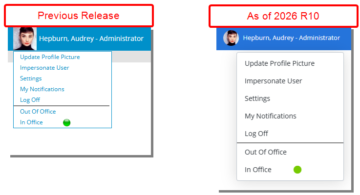 The Profile Picture and Profile menu have been updated with improved readability, fonts, and colors to align with recent UI updates across the application