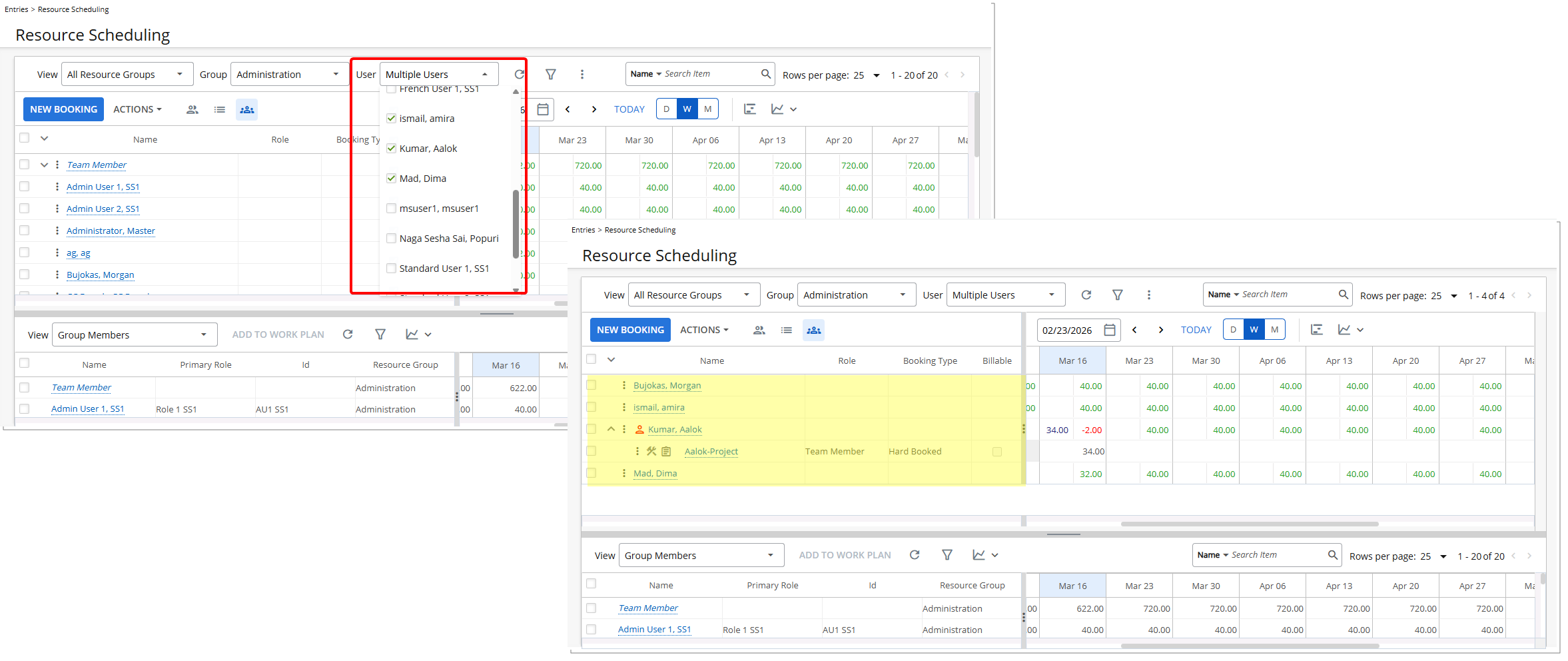 Filter Bookings by Multiple Users in Resource Scheduling Work Plan