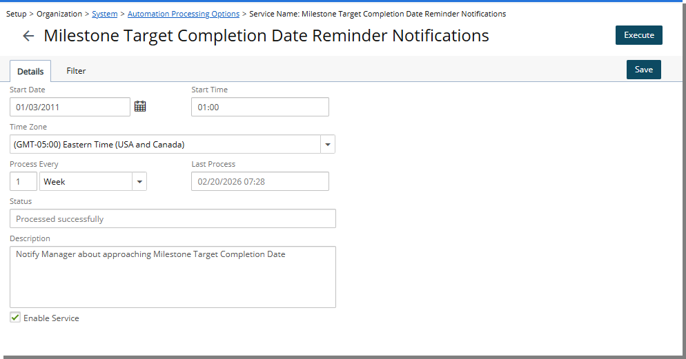 Details tab - Milestone Target Completion Date Reminder Notifications
