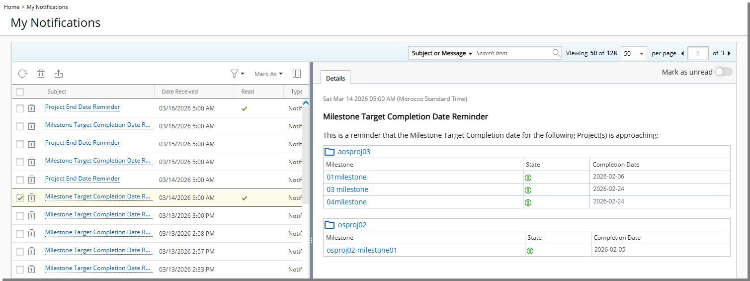 The notification includes the parameter %MILESTONE_LIST%, which displays a dynamic list of applicable Project Milestones.