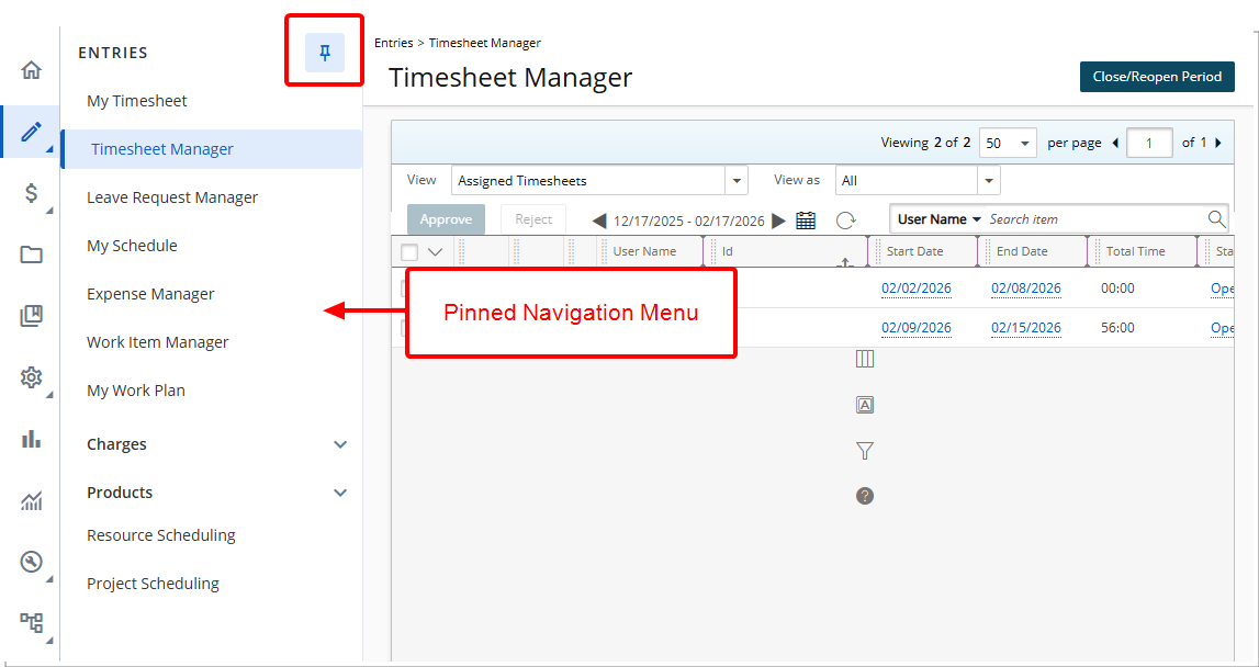 Navigation Menu can be pinned to remain open. 