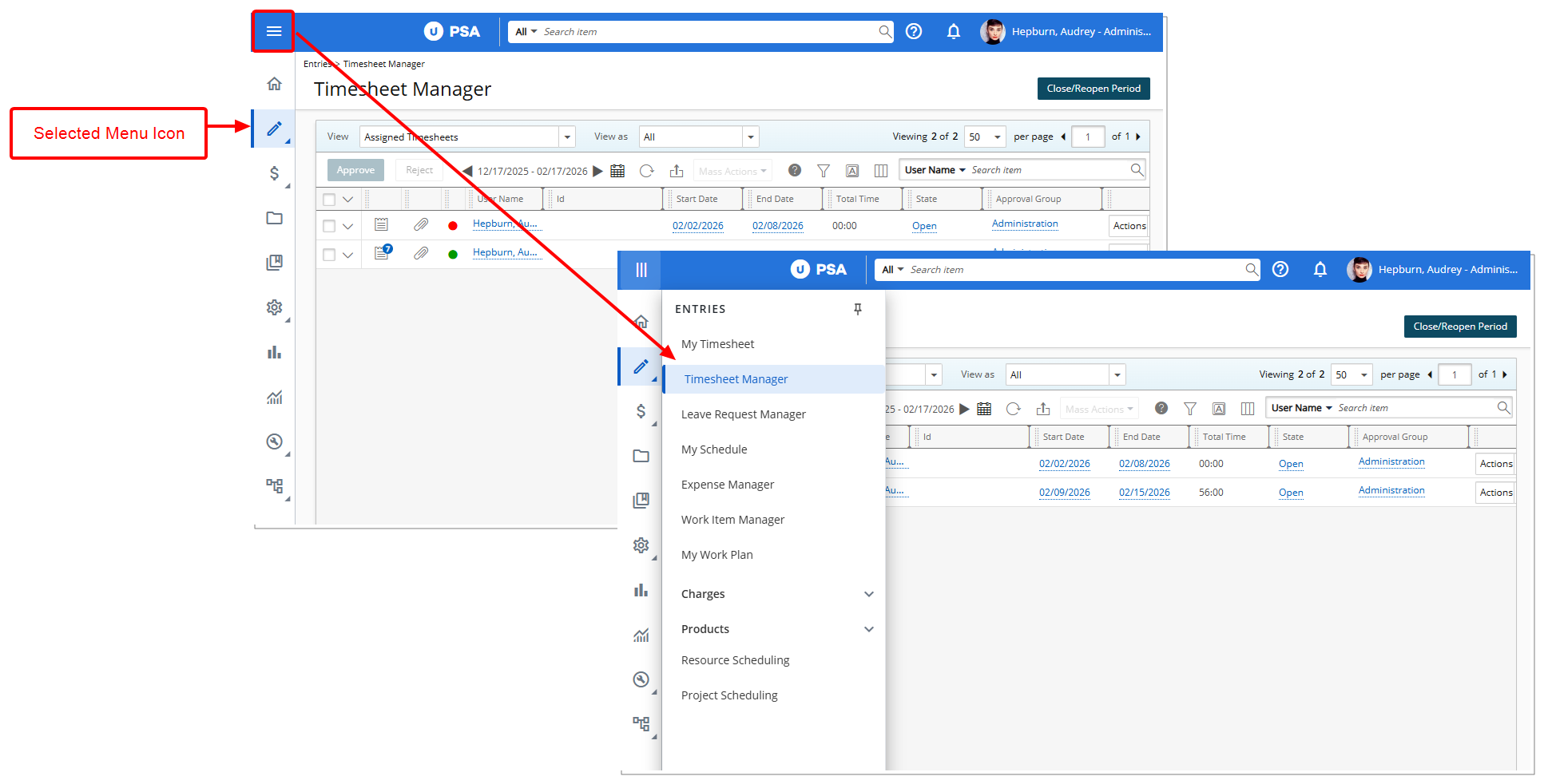 When a Menu Icon with an associated Navigation Menu is selected, clicking the hamburger menu in the header bar opens or collapses the Navigation Menu overlay.