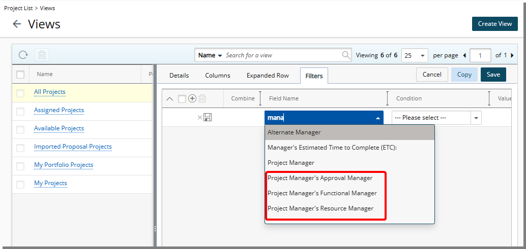 Project List View Filter (Project List > Views