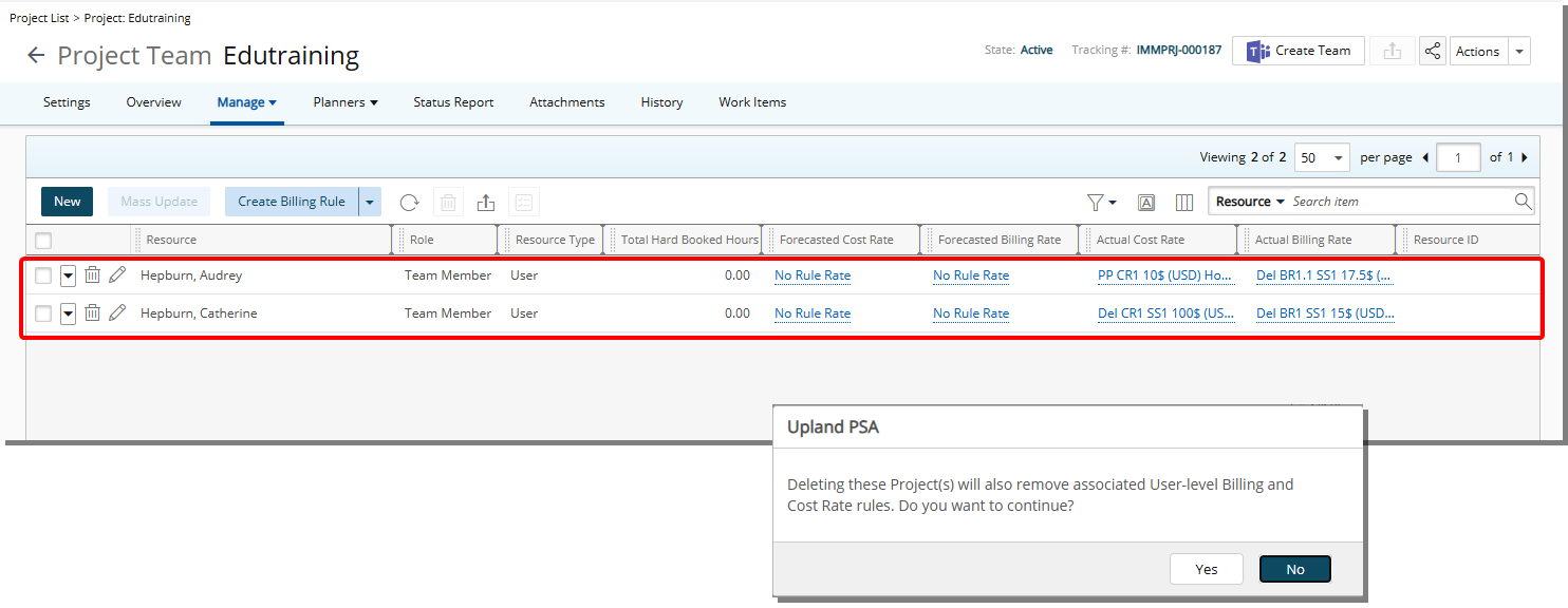 Automatic Removal of User-Level Billing and Cost Rate Associations When Deleting a Project