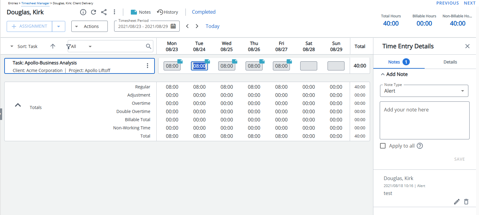 Use the tab key to navigate between Time Entry cells