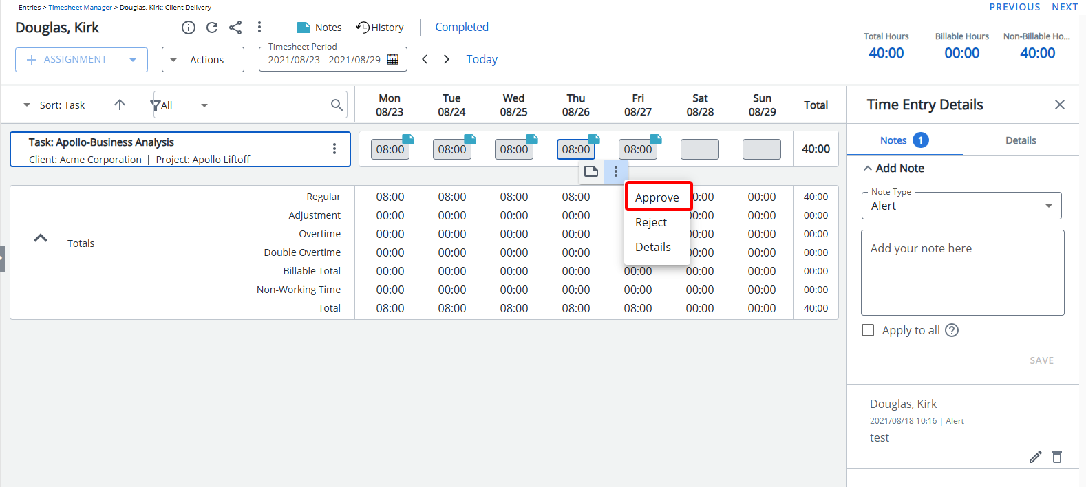 Use the tab key to navigate between Time Entry cells