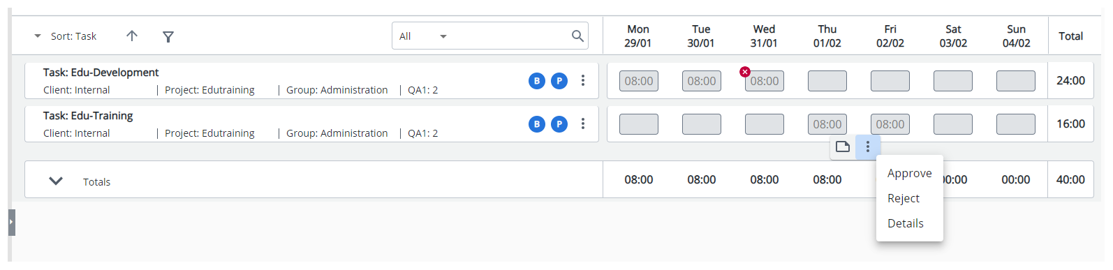 Right-click a time entry