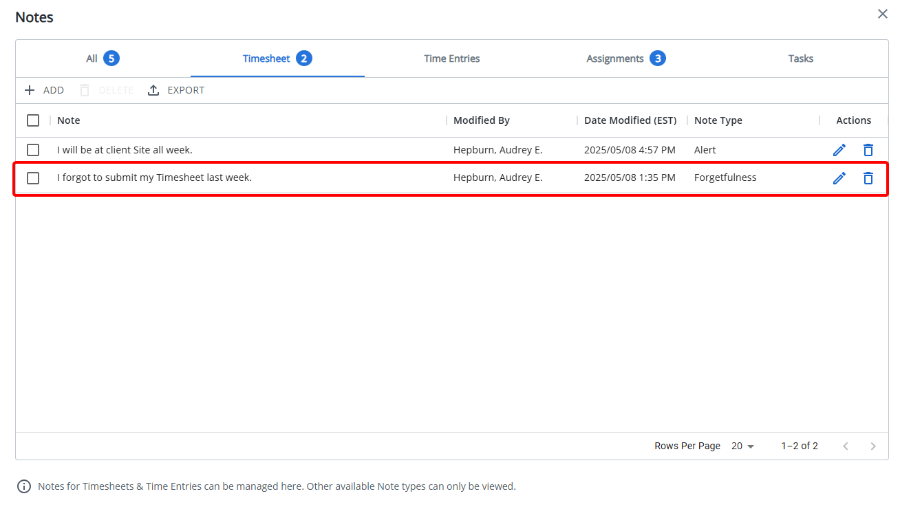 Upon saving your note will be displayed within the Timesheet tab