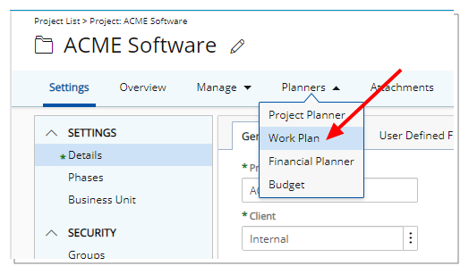 Click Work Plan on the Project Edit page