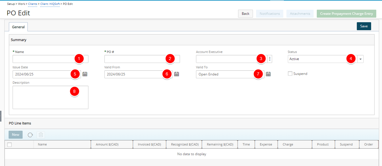 Enter and select PO information