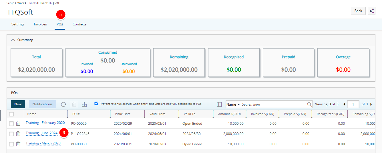 Click New from the Client's POs tab