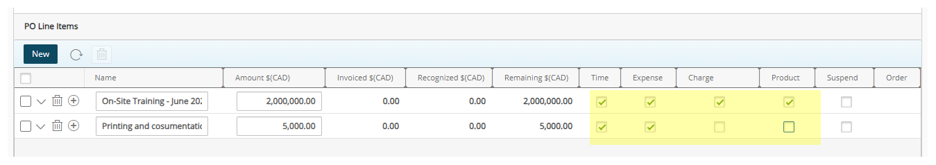 Select PO entry type(s) for a line item in the PO Details grid