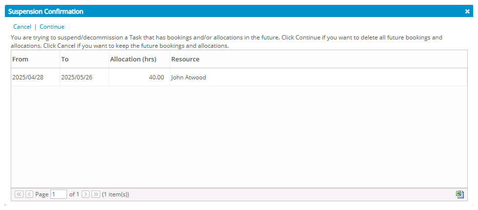 Click Continue to delete all future bookings and allocations