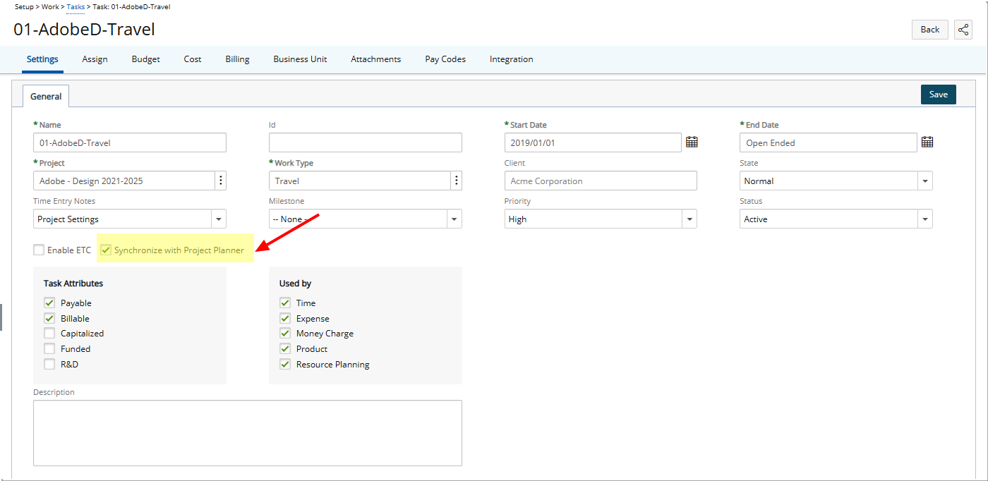 Clear the Synchronize with Project Planner checkbox