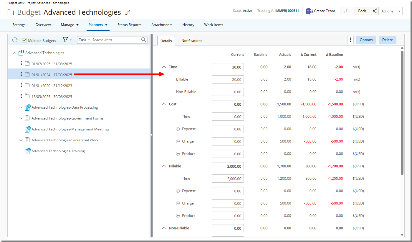 Budget Details tab