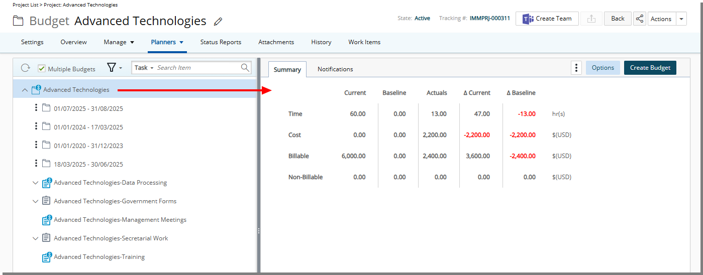 Budget Summary tab