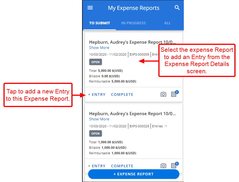Select or create an Expense Report